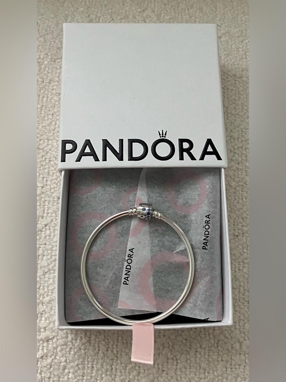 Pandora Silver Charm Bangle Bracelet w/ Blue Stones - Small - BRAND NEW